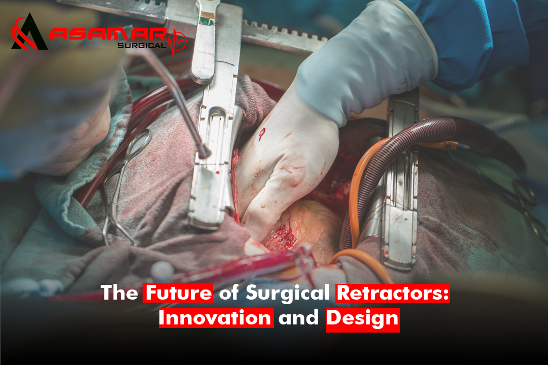 Self-retaining sternal retractor in use during open-heart surgery, demonstrating modern surgical instrument design and application